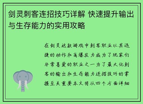 剑灵刺客连招技巧详解 快速提升输出与生存能力的实用攻略